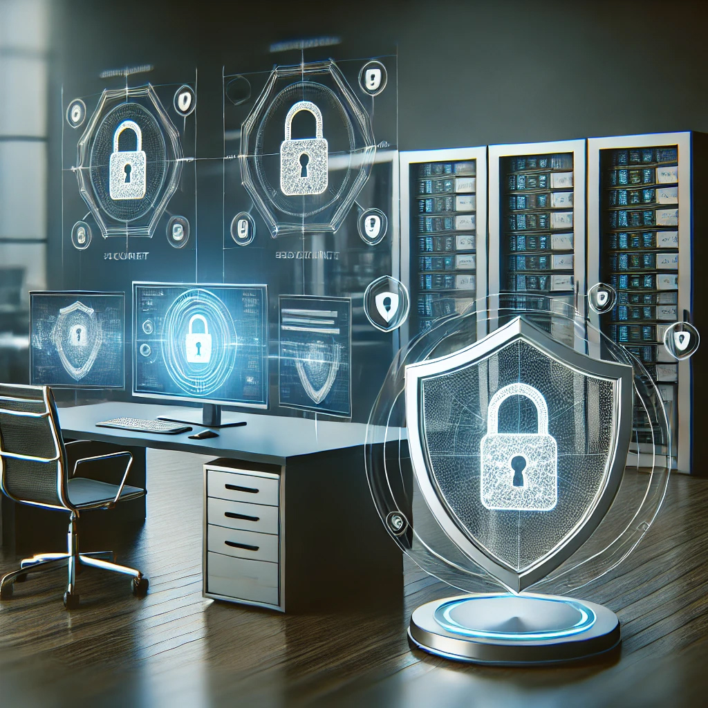 DALL·E 2025 01 15 09.48.59 A sleek modern office setting focused on cybersecurity with minimal visual elements